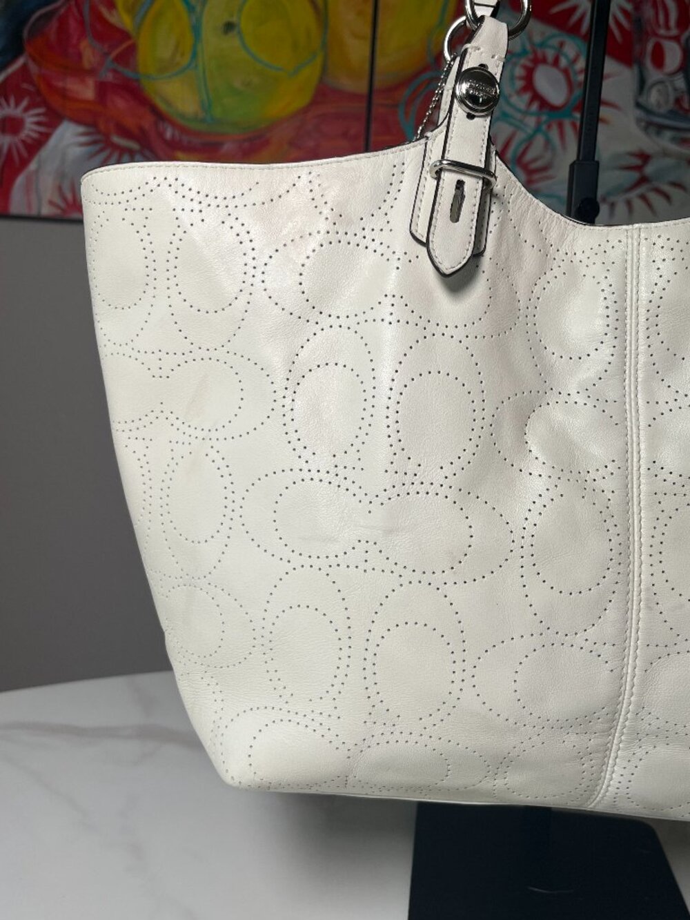 Coach Ivory Leather Op Art Perforated Tote Bag F16598 - Picture 11 of 15